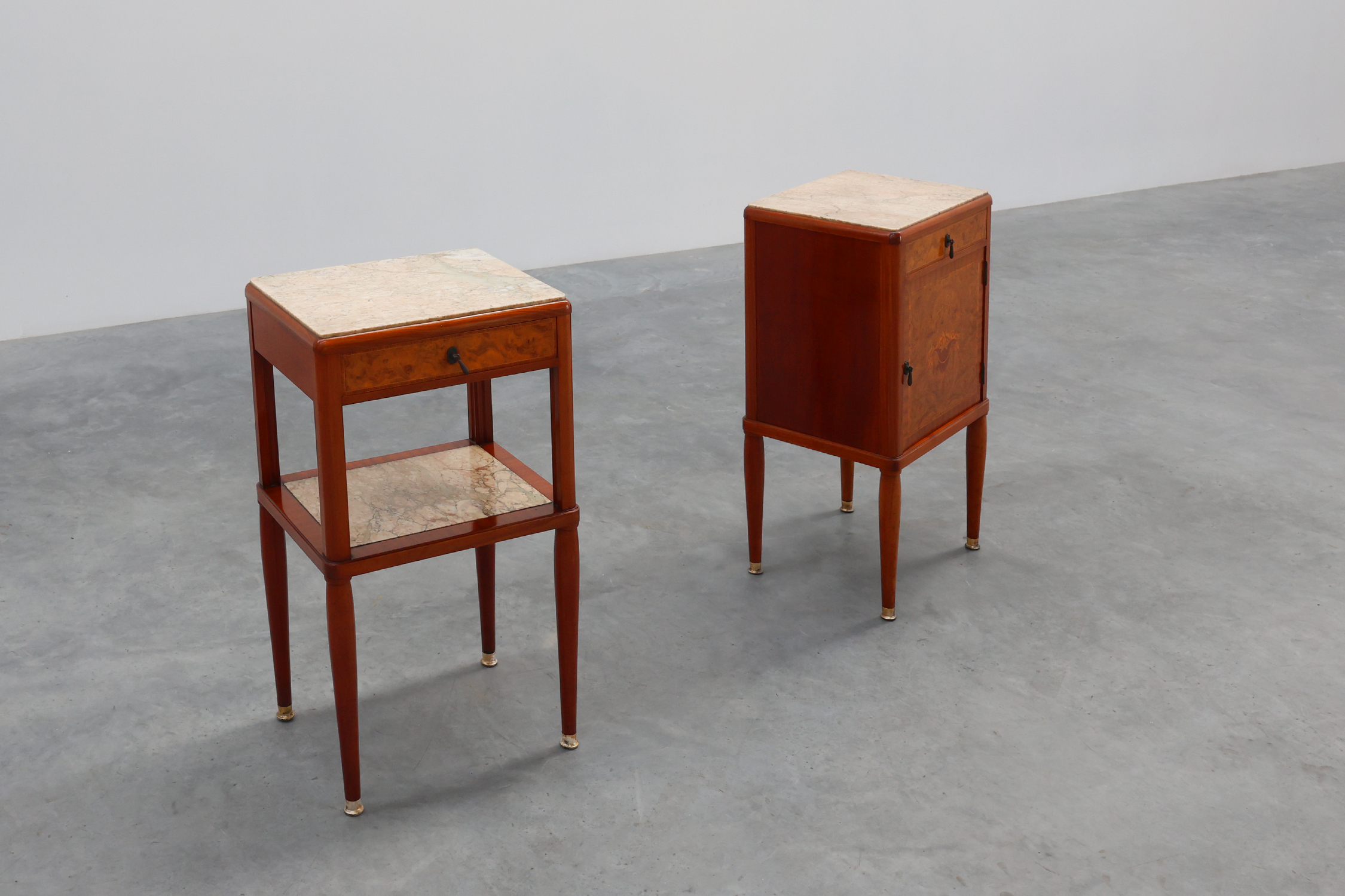 Pair of French Art Deco bedside tables with marquetry and marble tops, 1940sthumbnail